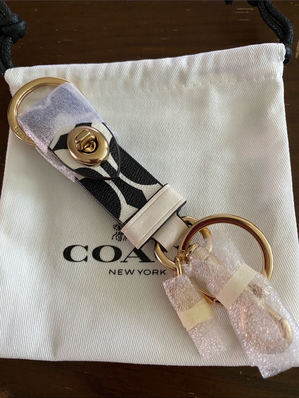 Coach Black & White Signature Leather Key & Card Holder with Gold Hardware